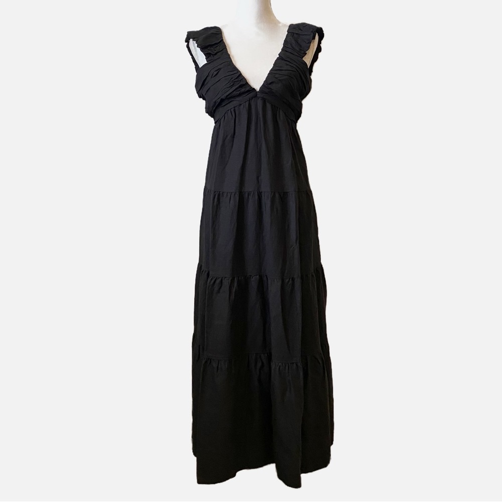 Jason Wu Black Linen Blend Pleated Tiered Deep V-Neck Maxi Dress X-Large
